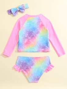 Young Girl Ombre Print Ruffle Trim Tankini Summer Beach - Pink - View 2