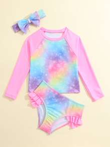 Young Girl Ombre Print Ruffle Trim Tankini Summer Beach - Pink - View 3