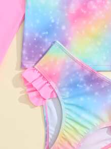 Young Girl Ombre Print Ruffle Trim Tankini Summer Beach - Pink - View 5