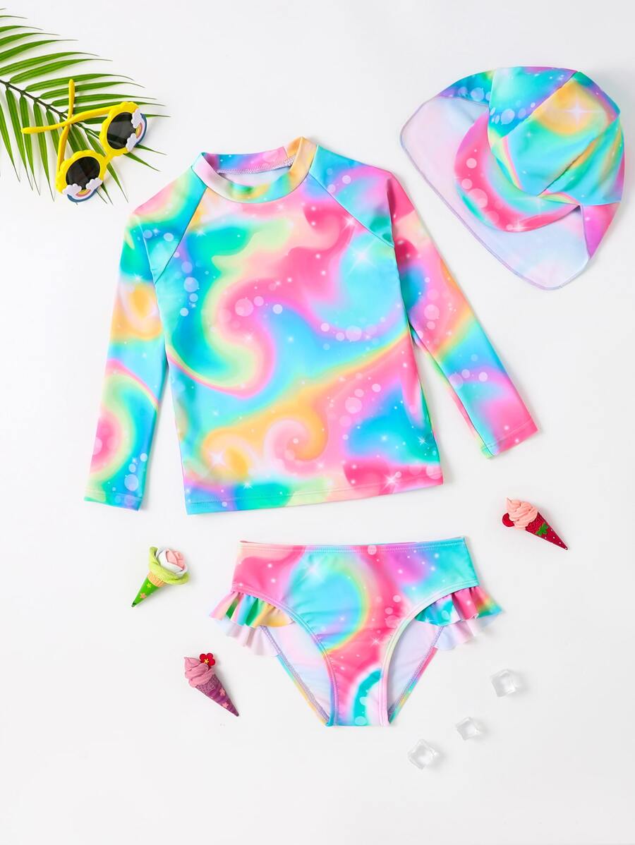 年轻女孩渐变色荷叶边分体泳衣，配有泳帽，夏季海滩 - 彩色 - 查看 1