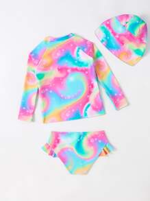 年轻女孩渐变色荷叶边分体泳衣，配有泳帽，夏季海滩 - 彩色 - 查看 2