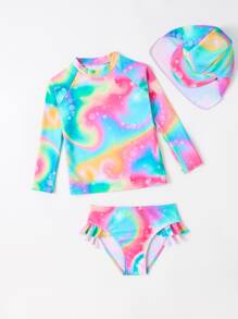 年轻女孩渐变色荷叶边分体泳衣，配有泳帽，夏季海滩 - 彩色 - 查看 3