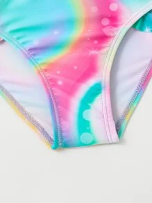 年轻女孩渐变色荷叶边分体泳衣，配有泳帽，夏季海滩 - 彩色 - 查看 4