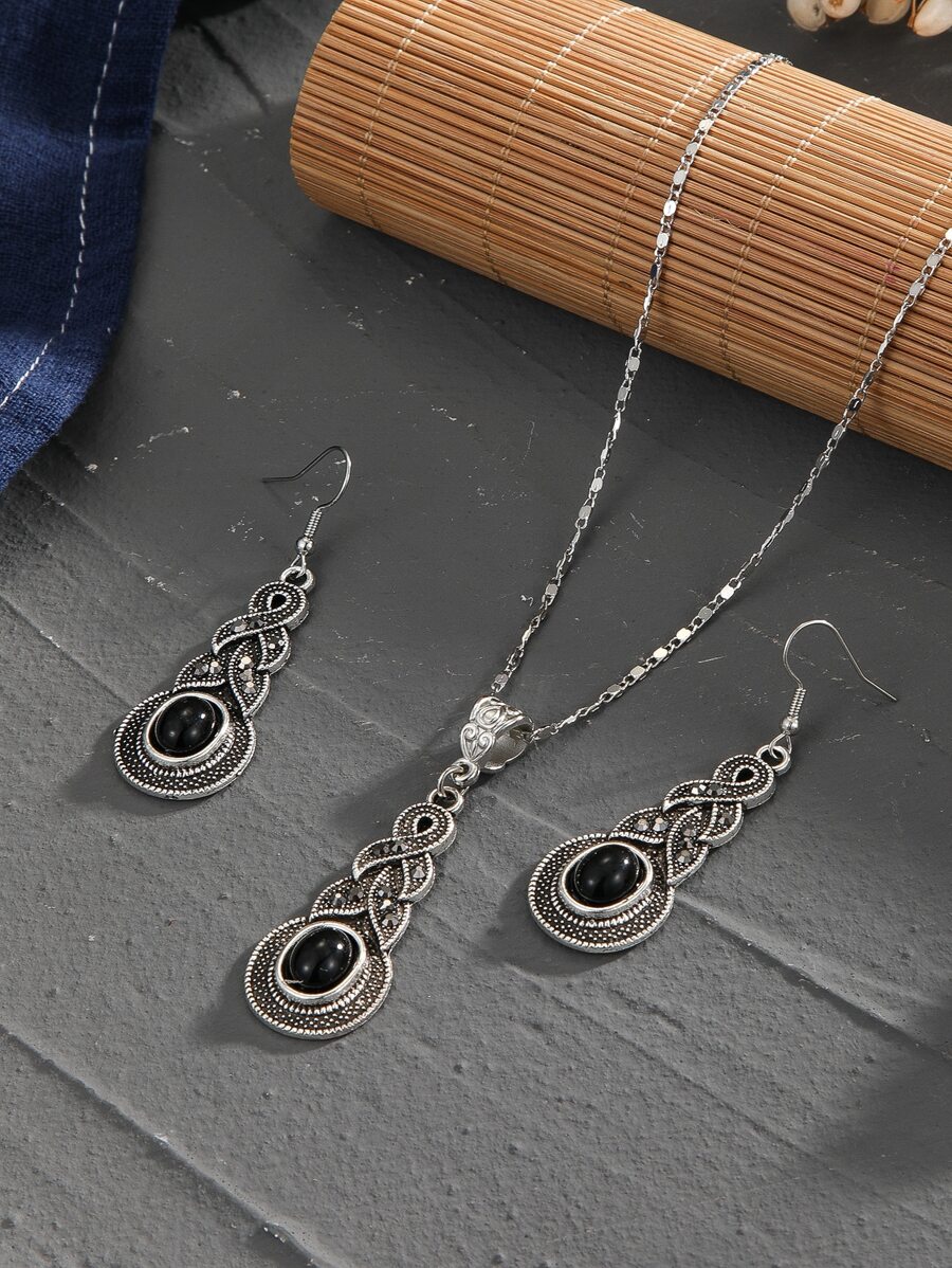 3入組水滴裝飾首飾套裝 - 黑色 - 查看 1