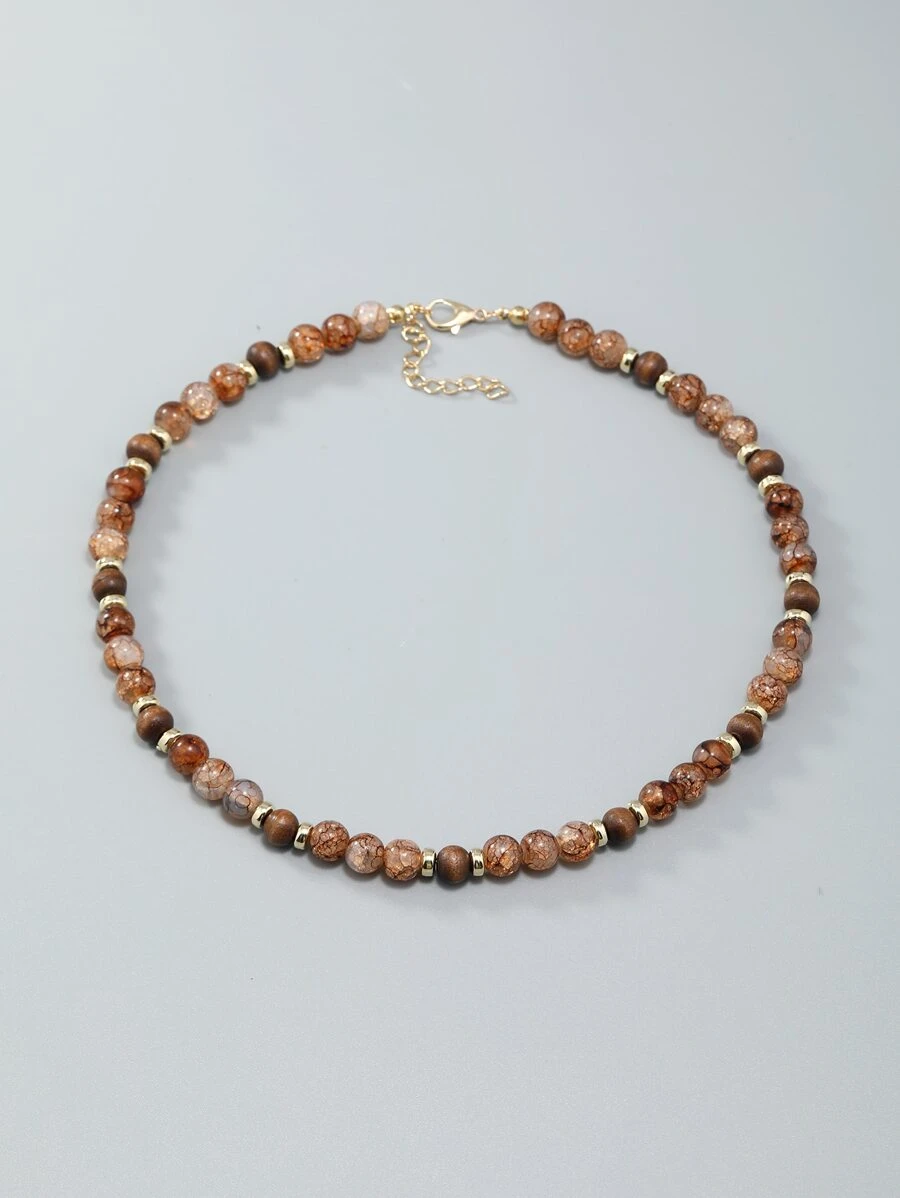 Men Minimalist Beaded Necklace - Coffee Brown - View 1