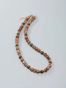 Men Minimalist Beaded Necklace - Coffee Brown - View 3