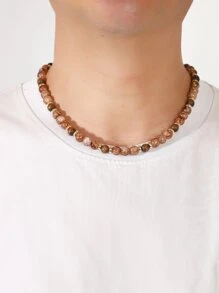 Men Minimalist Beaded Necklace - Coffee Brown - View 4
