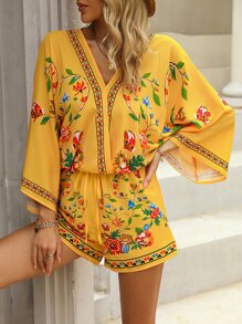 SHEIN VCAY Floral Print Batwing Sleeve Blouse & Shorts - Yellow - View 1