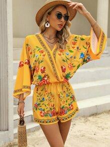 SHEIN VCAY Floral Print Batwing Sleeve Blouse & Shorts - Yellow - View 3