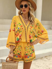 SHEIN VCAY Floral Print Batwing Sleeve Blouse & Shorts - Yellow - View 4