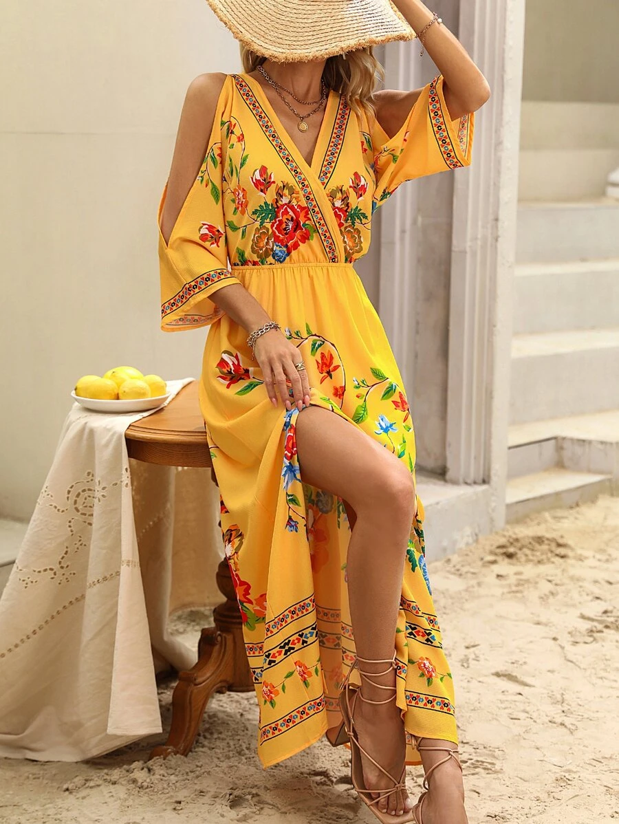 SHEIN VCAY Floral Print Cold Shoulder Dress - Yellow - View 1