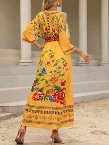SHEIN VCAY Floral Print Cold Shoulder Dress - Yellow - View 2