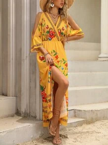 SHEIN VCAY Floral Print Cold Shoulder Dress - Yellow - View 3