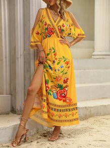 SHEIN VCAY Floral Print Cold Shoulder Dress - Yellow - View 5