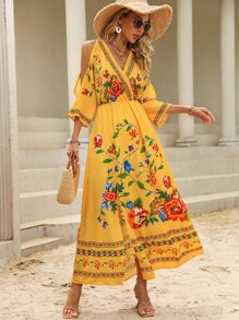 SHEIN VCAY Floral Print Cold Shoulder Dress - Yellow - View 6