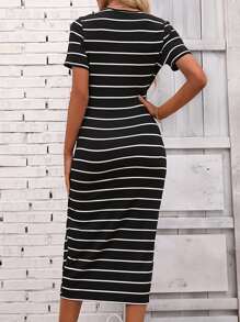 SHEIN LUNE Striped Print Wrap Hem Dress - Black and White - View 2