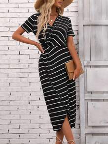 SHEIN LUNE Striped Print Wrap Hem Dress - Black and White - View 3