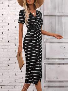 SHEIN LUNE Striped Print Wrap Hem Dress - Black and White - View 4