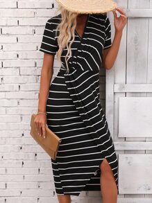 SHEIN LUNE Striped Print Wrap Hem Dress - Black and White - View 5