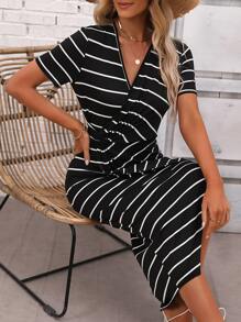 SHEIN LUNE Striped Print Wrap Hem Dress - Black and White - View 6