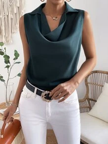 Chiquease Solid Draped Collar Sleeveless Blouse - Teal Blue - View 1
