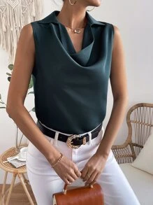 Chiquease Solid Draped Collar Sleeveless Blouse - Teal Blue - View 3