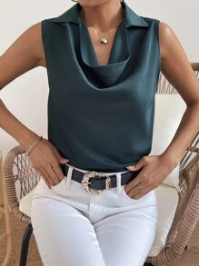 Chiquease Solid Draped Collar Sleeveless Blouse - Teal Blue - View 4