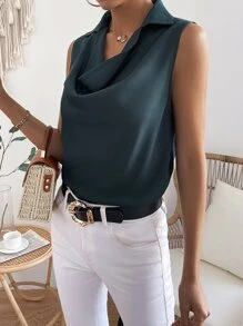 Chiquease Solid Draped Collar Sleeveless Blouse - Teal Blue - View 5