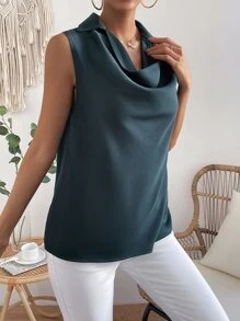 Chiquease Solid Draped Collar Sleeveless Blouse - Teal Blue - View 6