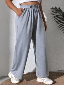 Flirla Pantalones deportivos de cintura con volante de pierna ancha - Gris Claro - Ver 4