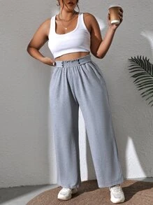 Flirla Pantalones deportivos de cintura con volante de pierna ancha - Gris Claro - Ver 5