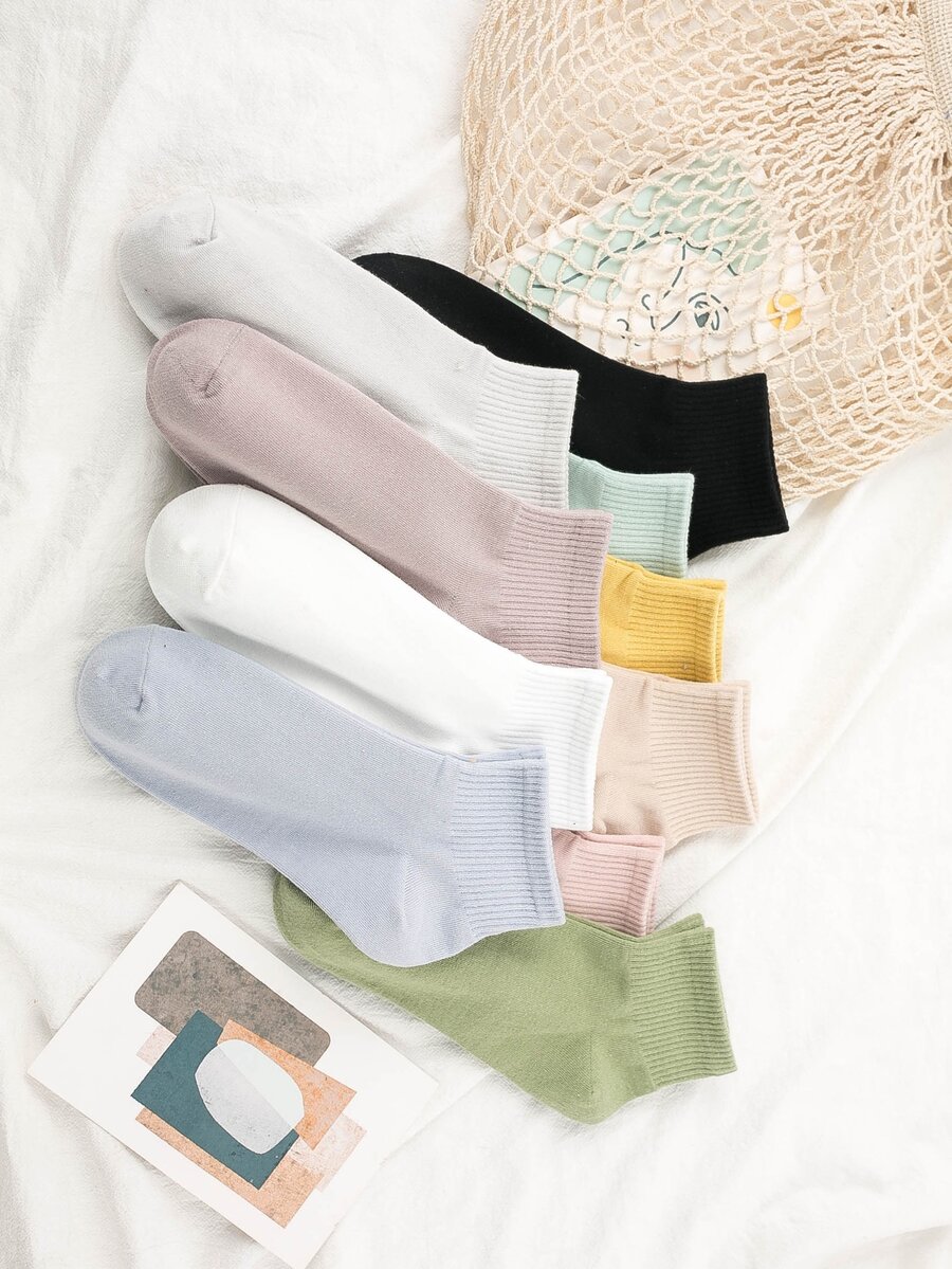 10pairs Solid Crew Socks - Multicolor - View 1