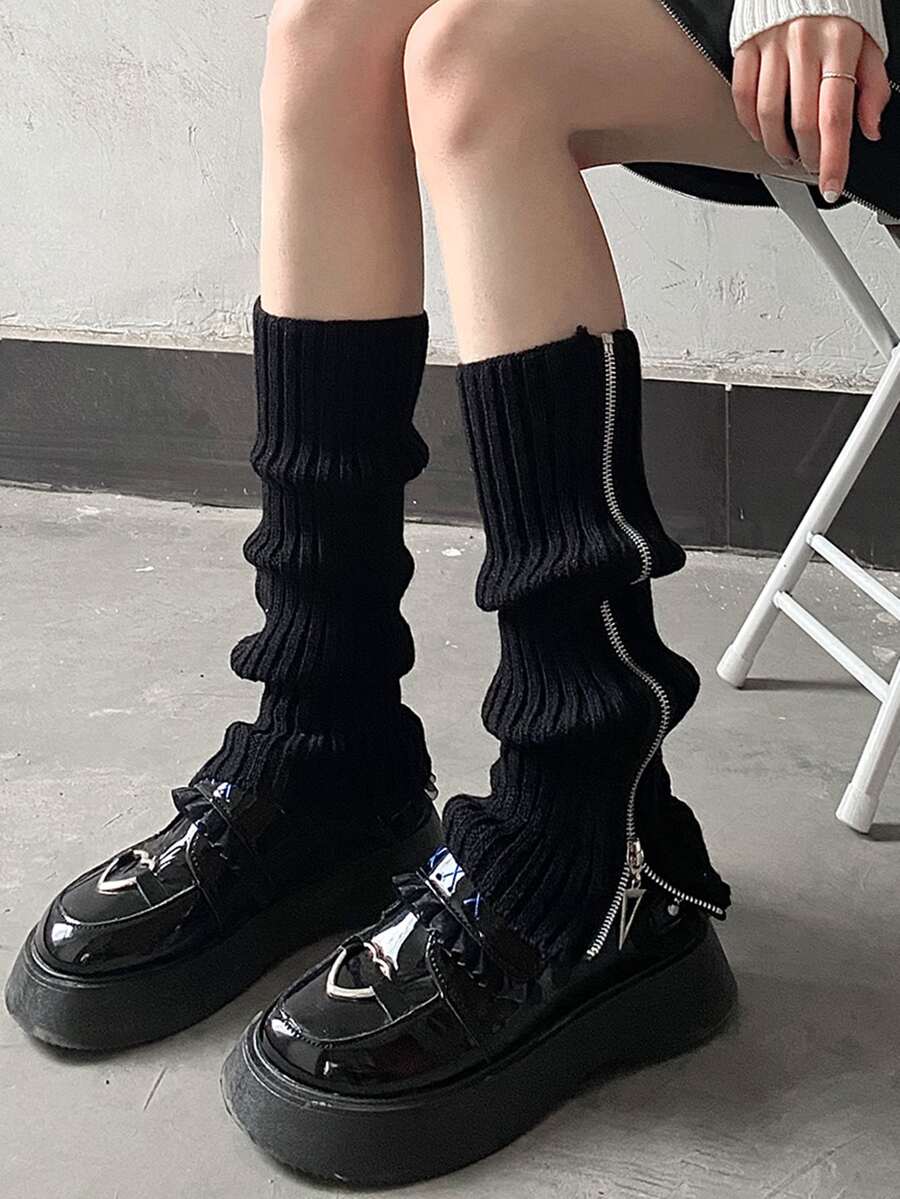 拉鏈裝飾腿部保暖套 - 黑色 - 查看 1