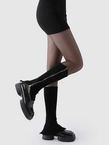 拉鏈裝飾腿部保暖套 - 黑色 - 查看 3