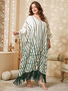 Al Najma Đầm Plus Size mép Hình học Khiêm tốn - màu xanh lá - Xem 3