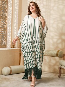 Al Najma Đầm Plus Size mép Hình học Khiêm tốn - màu xanh lá - Xem 4