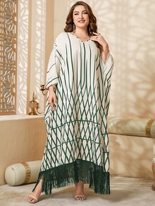 Al Najma Đầm Plus Size mép Hình học Khiêm tốn - màu xanh lá - Xem 5