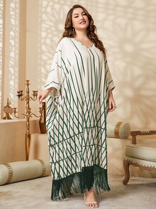 Al Najma Đầm Plus Size mép Hình học Khiêm tốn - màu xanh lá - Xem 6