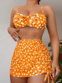 3入組小花紋前扣式夏季沙灘比基尼套裝和束口沙灘裙 - 橘色 - 查看 1