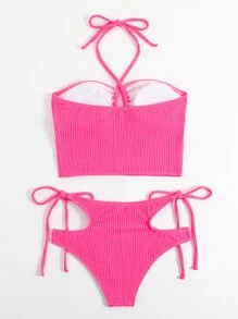 SHEIN Textured Tankini Set Cut Out Halterneck Top & Tie Side Bottom 2 Piece Bathing Suit - Hot Pink - View 2