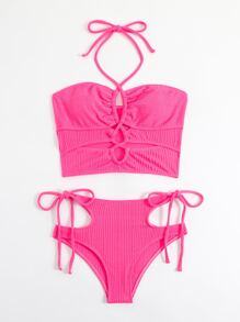 SHEIN Textured Tankini Set Cut Out Halterneck Top & Tie Side Bottom 2 Piece Bathing Suit - Hot Pink - View 3