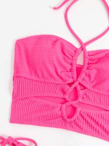 SHEIN Textured Tankini Set Cut Out Halterneck Top & Tie Side Bottom 2 Piece Bathing Suit - Hot Pink - View 4