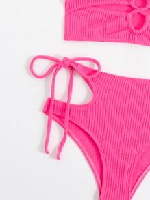 SHEIN Textured Tankini Set Cut Out Halterneck Top & Tie Side Bottom 2 Piece Bathing Suit - Hot Pink - View 5