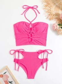 SHEIN Textured Tankini Set Cut Out Halterneck Top & Tie Side Bottom 2 Piece Bathing Suit - Hot Pink - View 6