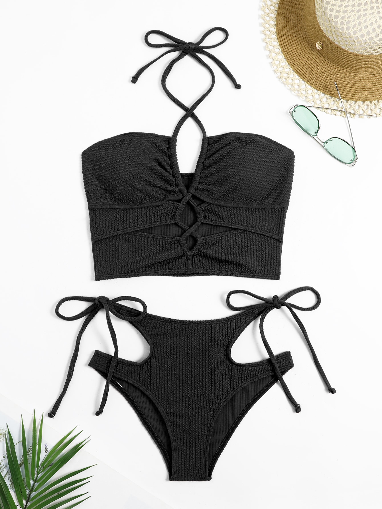 SHEIN SHEIN Swim BAE Textured Tankini Set Cut Out Halterneck Top & Tie Side Bottom 2 Piece