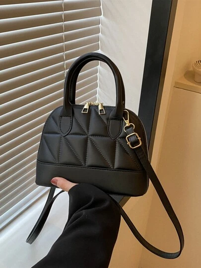 衍縫雙把手貝殼包簡單設計拉鍊單肩包,素色PU皮革斜挎包,便攜頂部單條提帶手提包