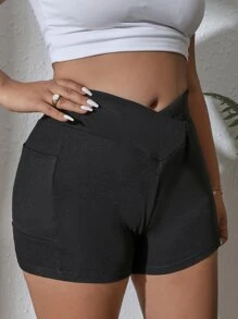 SHEIN VCAY 大碼素色不對稱腰帶騎行褲 - 黑色 - 查看 4