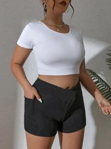 SHEIN VCAY 大碼素色不對稱腰帶騎行褲 - 黑色 - 查看 5