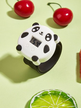 1pc Black Cute Panda Design Slap-on Silicone Sports Fashionable Electronic Watch For Outdoor Activities