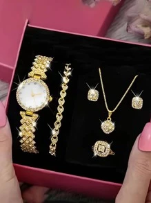 Đồng hồ thạch anh trang trí bằng đá thạch anh 1 cái & Bộ trang sức 5 chiếc - Vàng - Xem 1